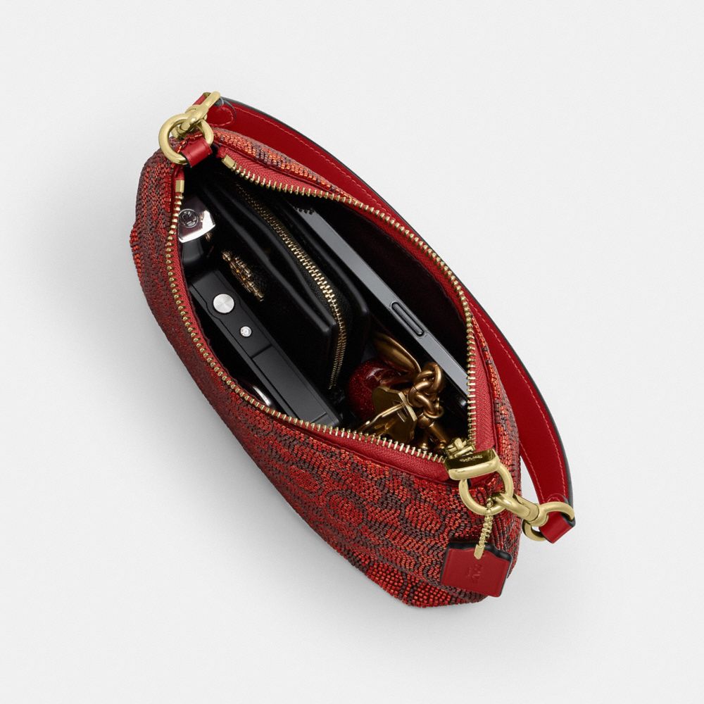 Coach Teri Shoulder Bag In Signature Beaded Satin Gold Crimson