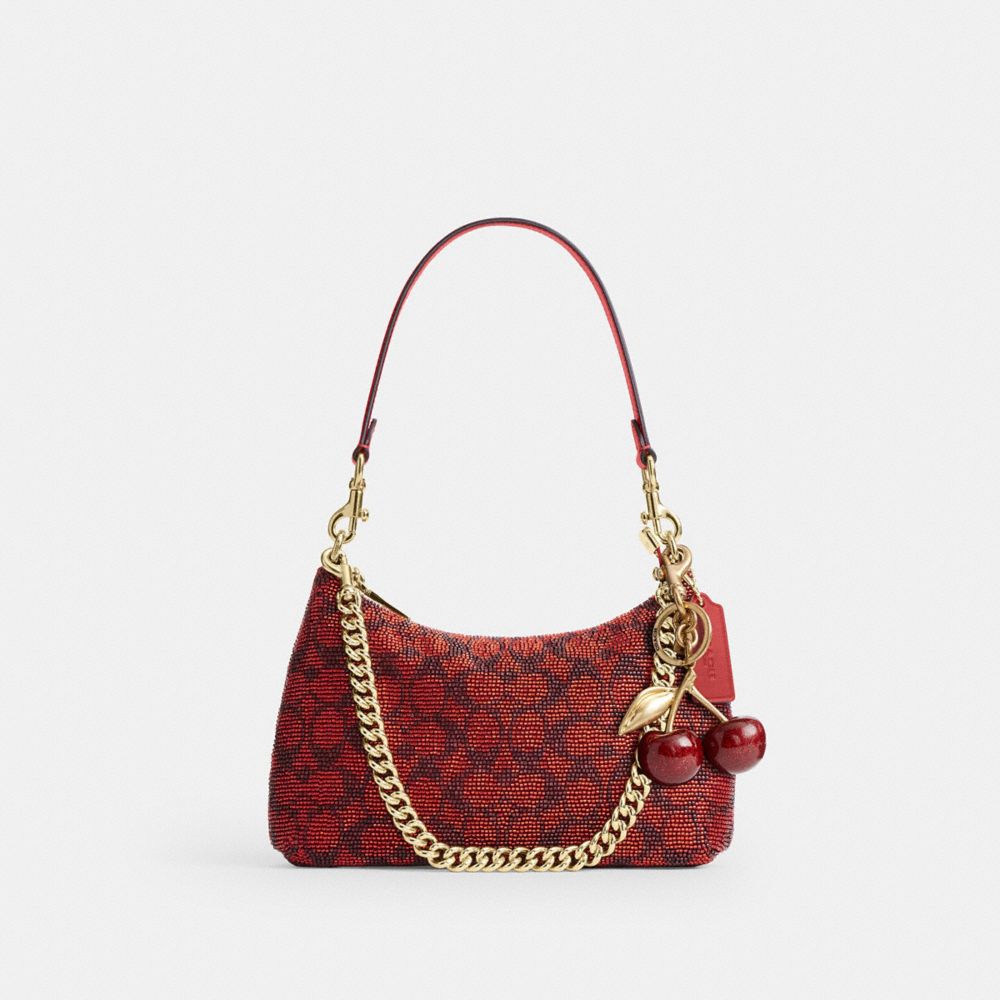 Coach Teri Shoulder Bag In Signature Beaded Satin Gold Crimson