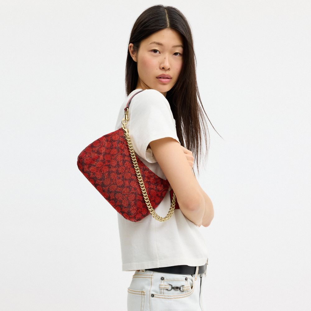 Coach Teri Shoulder Bag In Signature Beaded Satin Gold Crimson