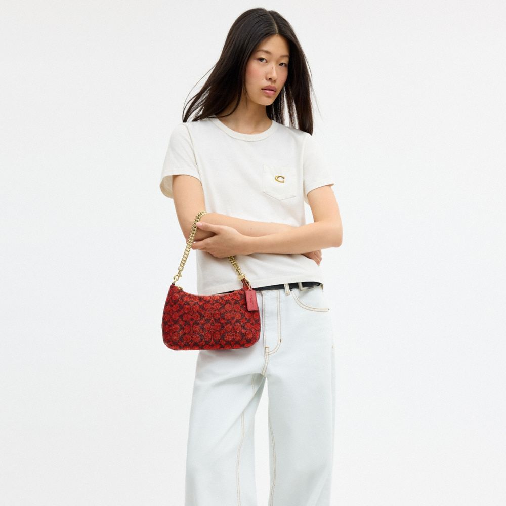 Coach Teri Shoulder Bag In Signature Beaded Satin Gold Crimson