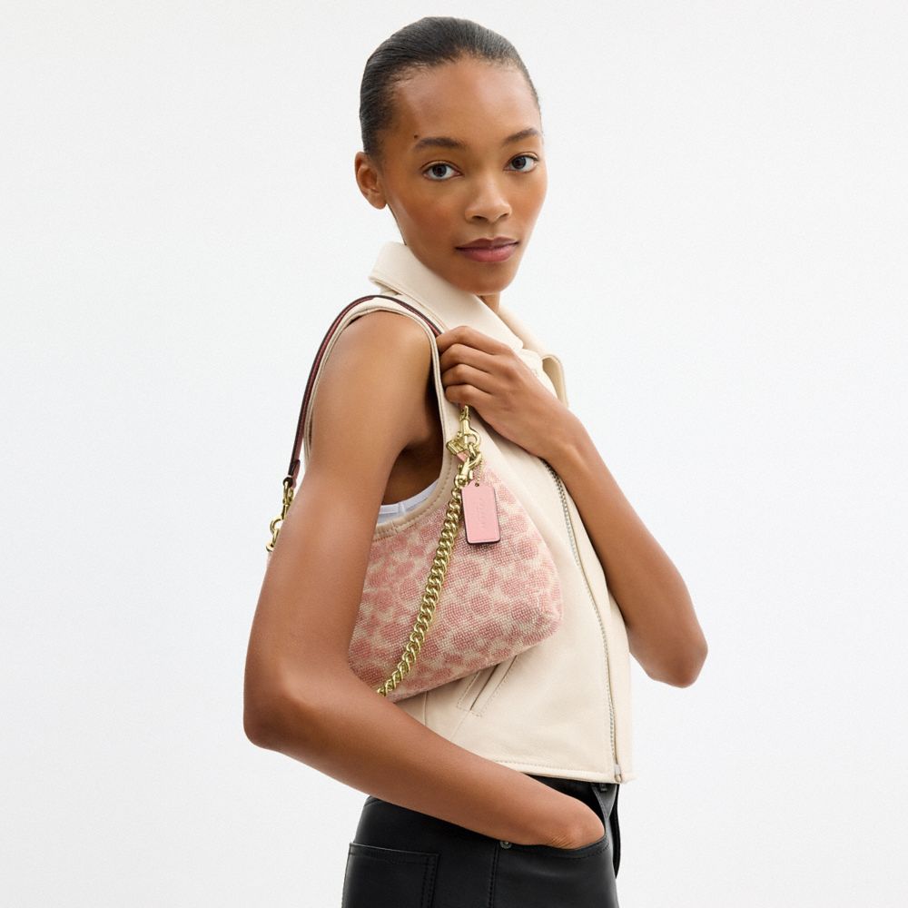 Coach Teri Shoulder Bag In Signature Beaded Satin Gold Pink