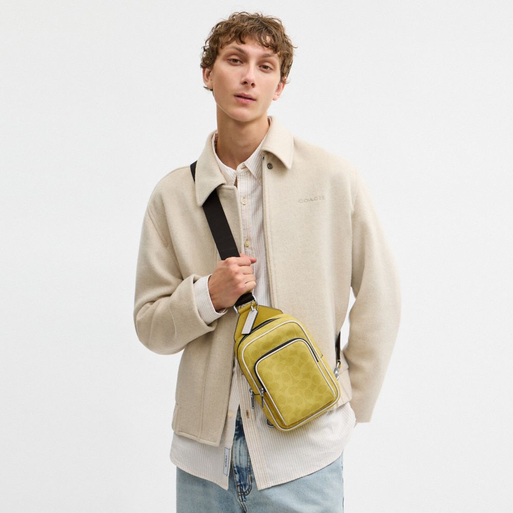 Coach Racer Sling Pack In Signature Canvas Silver Light Citron