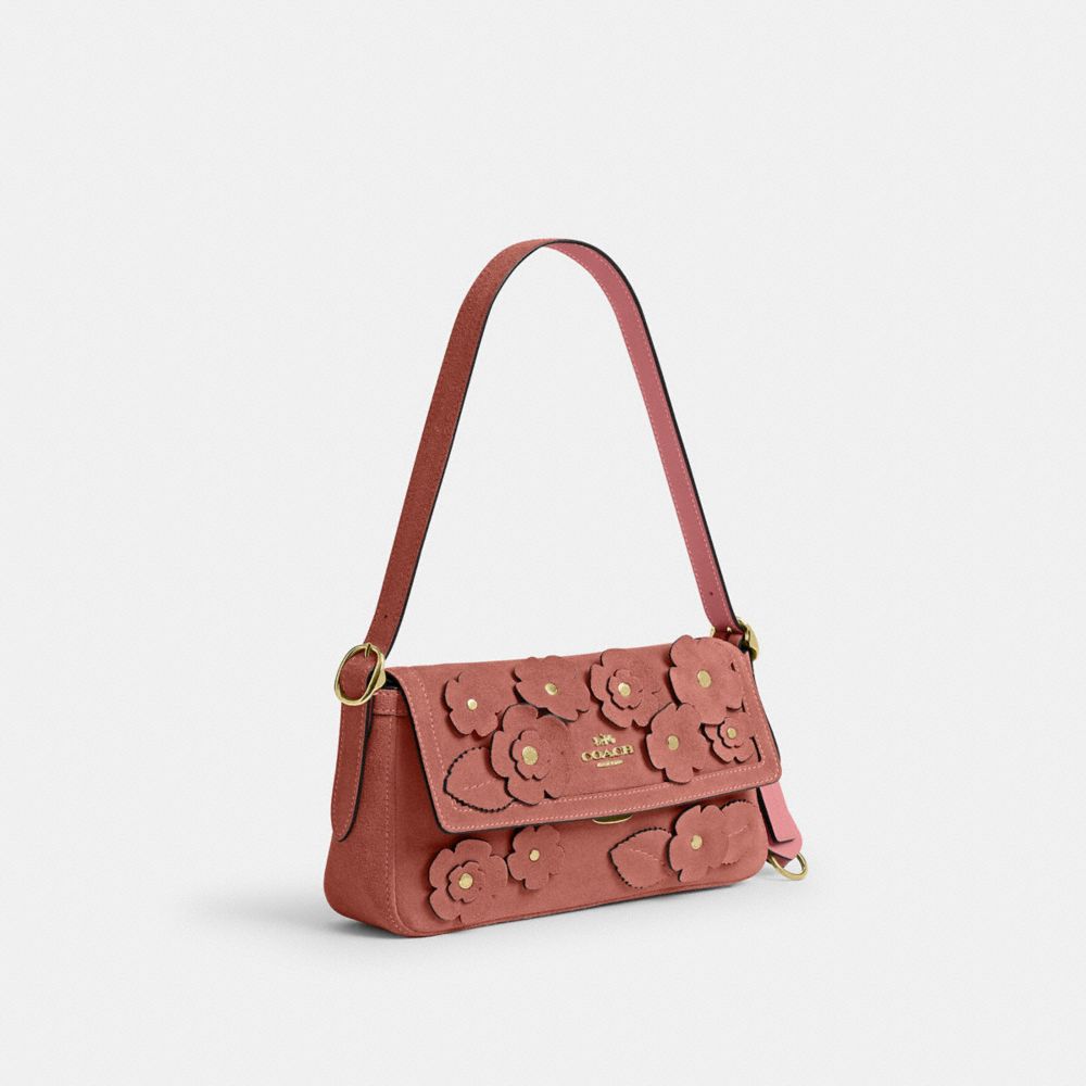 Coach Etta Small Flap Shoulder Bag With Floral Appliqué Gold/Blush Pink