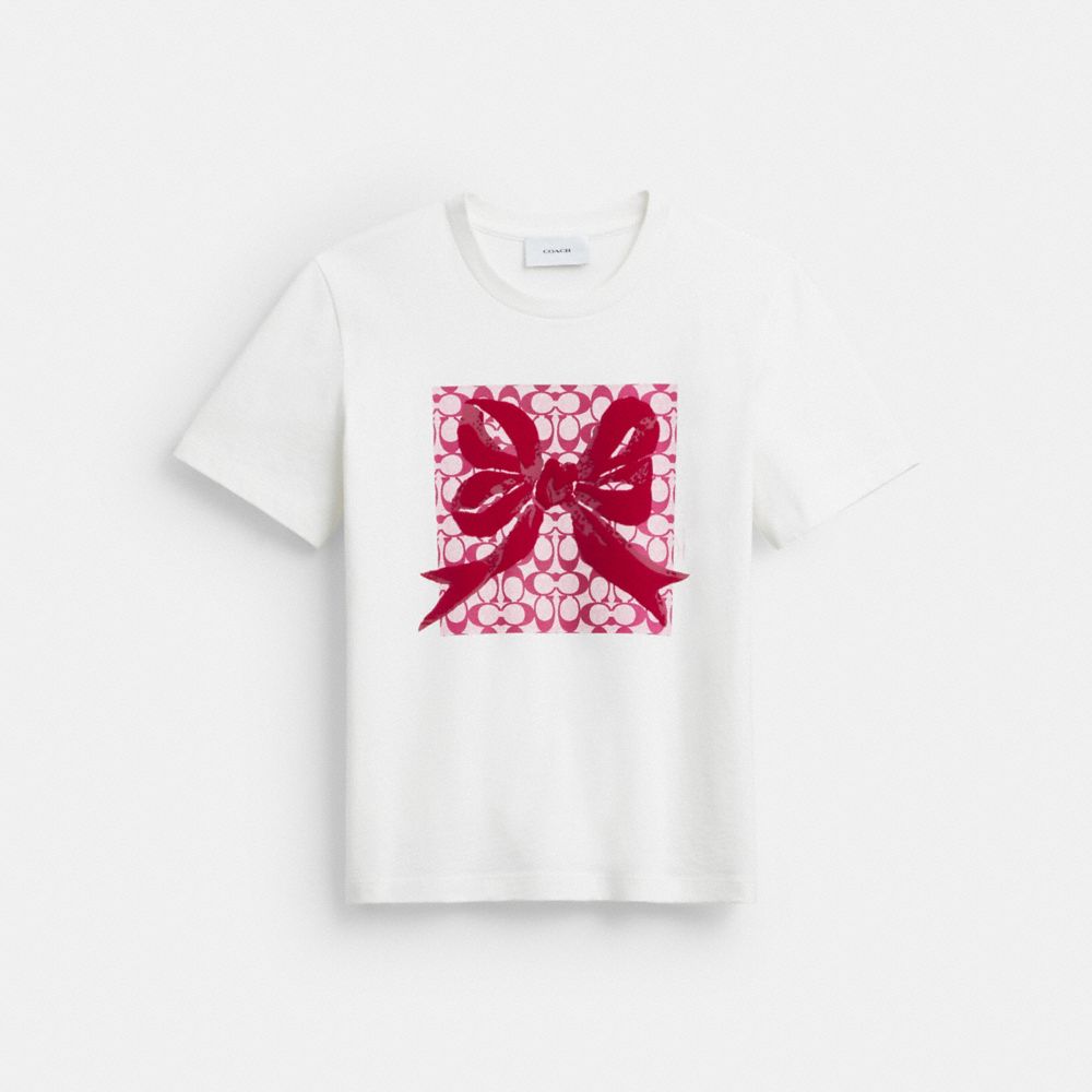 Coach Signature Square Bow Classic T Shirt In Organic Cotton Vintage Ivory Fuchsia