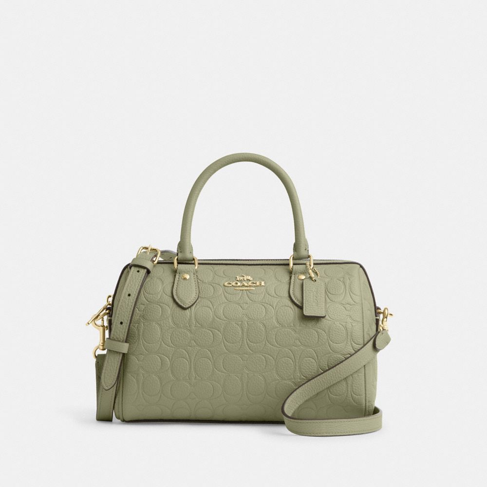 Coach Rowan Satchel Bag In Signature Leather Gold Pistachio