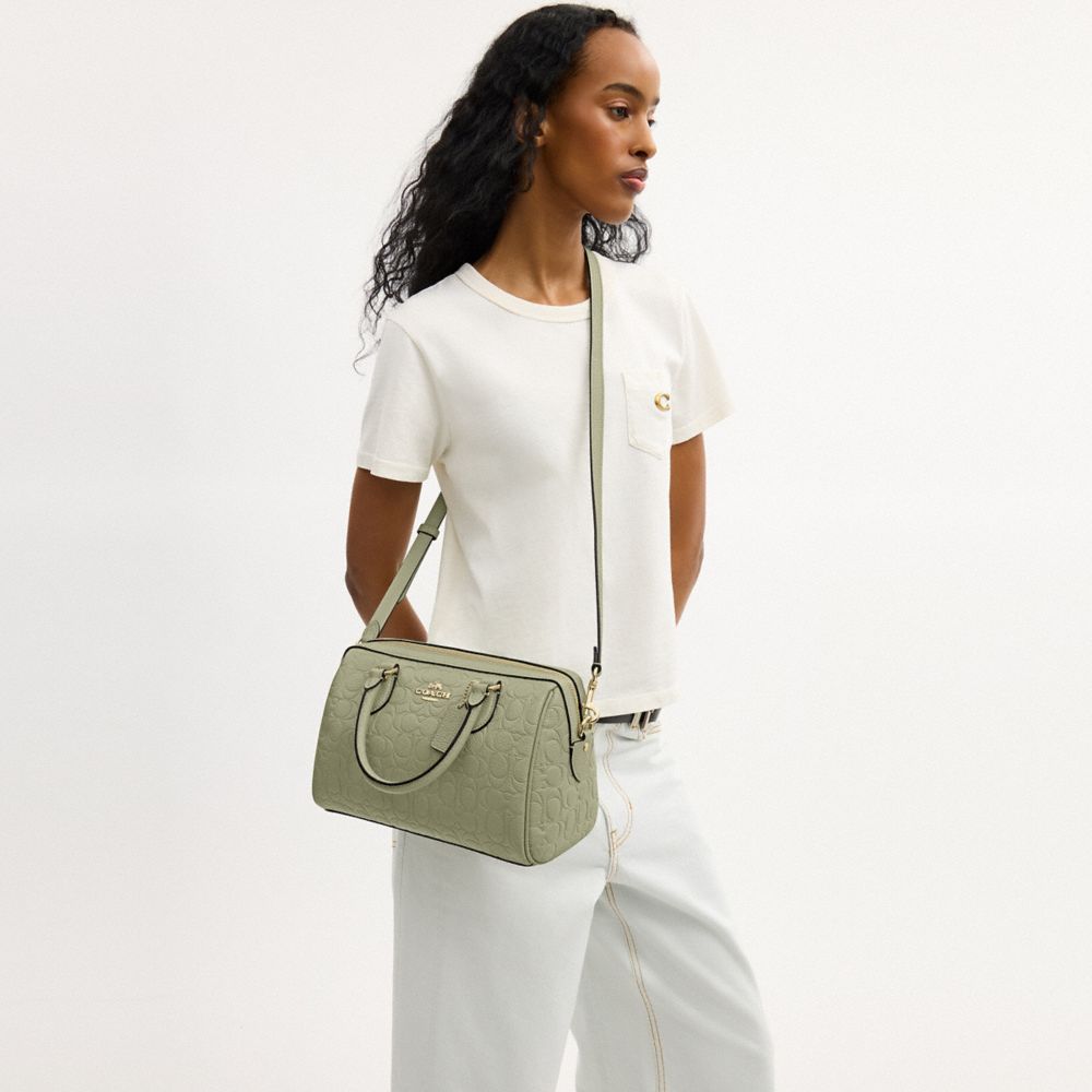 Coach Rowan Satchel Bag In Signature Leather Gold Pistachio