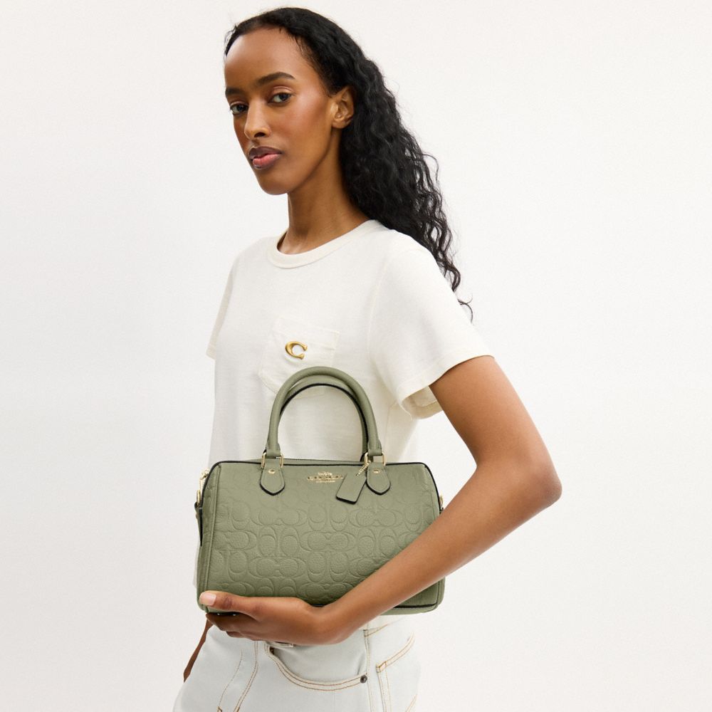 Coach Rowan Satchel Bag In Signature Leather Gold Pistachio