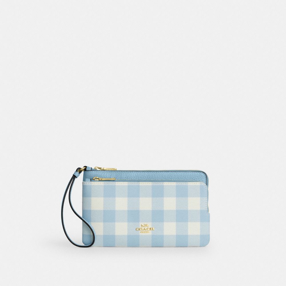 Coach Double Zip Wristlet With Gingham Print Gold Blue Multi