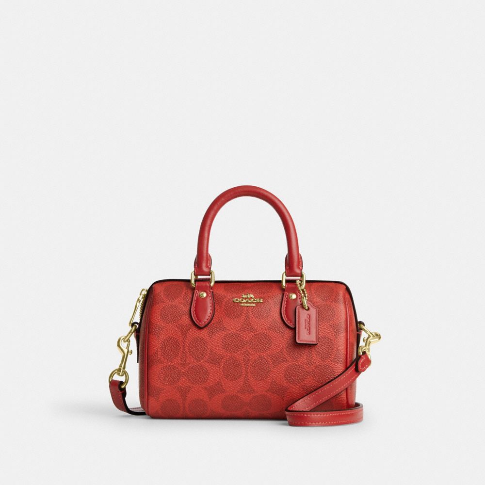 Coach Mini Rowan Crossbody Bag In Signature Canvas Gold Crimson