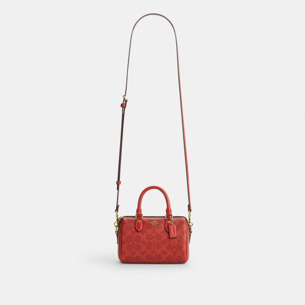 Coach Mini Rowan Crossbody Bag In Signature Canvas Gold Crimson