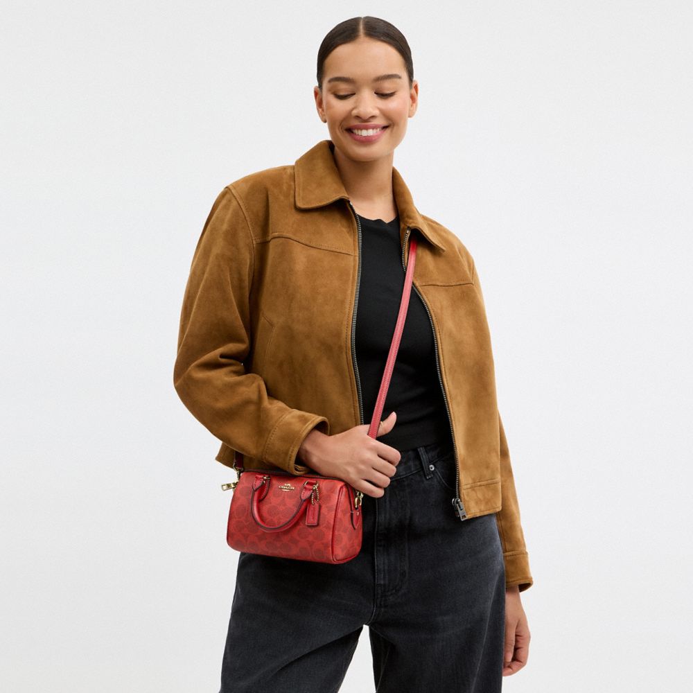 Coach Mini Rowan Crossbody Bag In Signature Canvas Gold Crimson