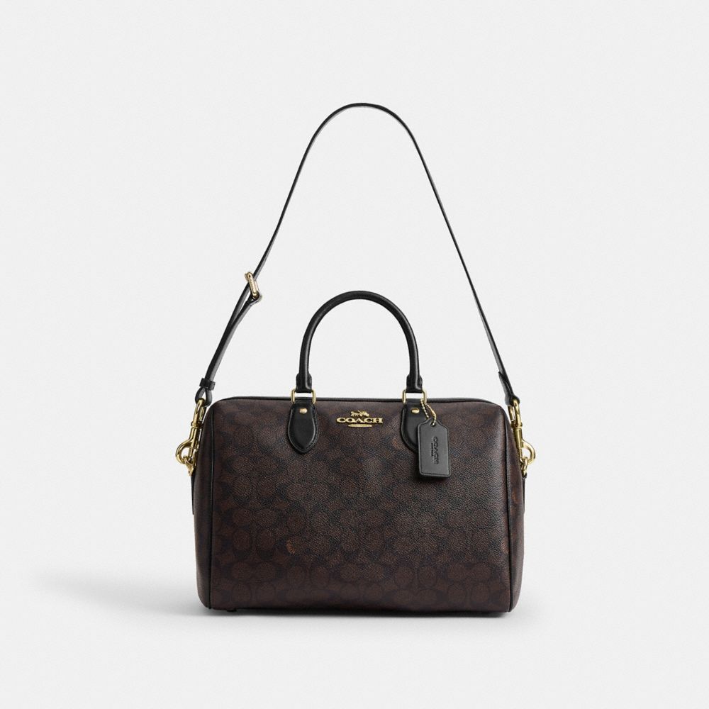 Coach Rowan Large Satchel Bag In Signature Canvas Gold Walnut Black