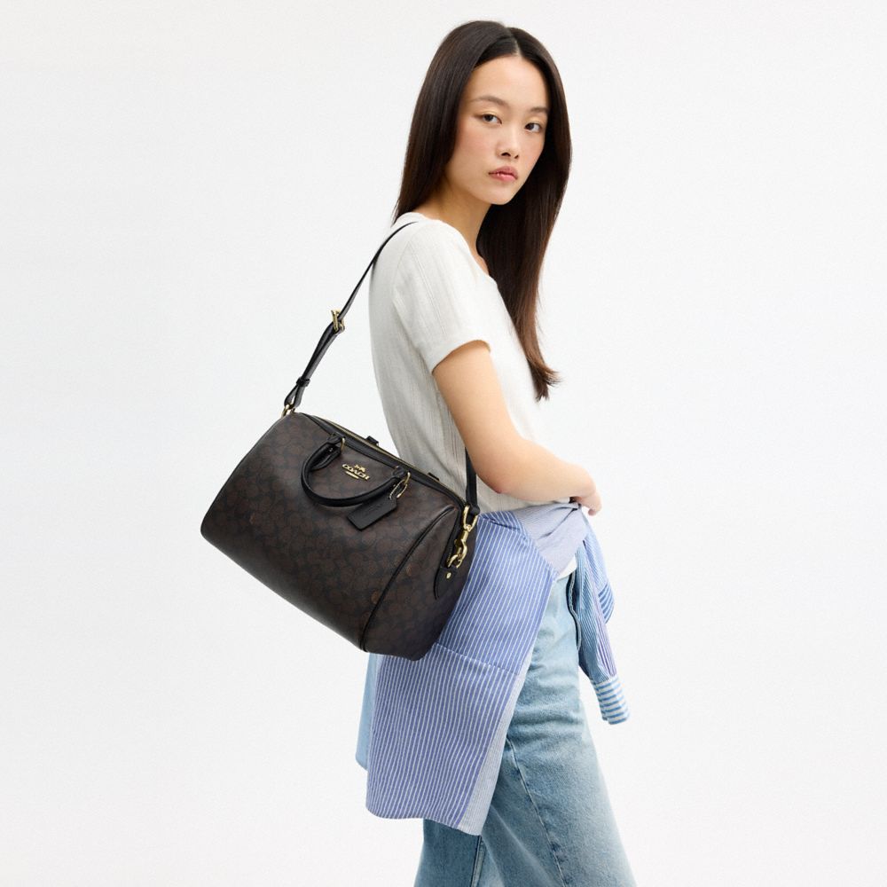 Coach Rowan Large Satchel Bag In Signature Canvas Gold Walnut Black
