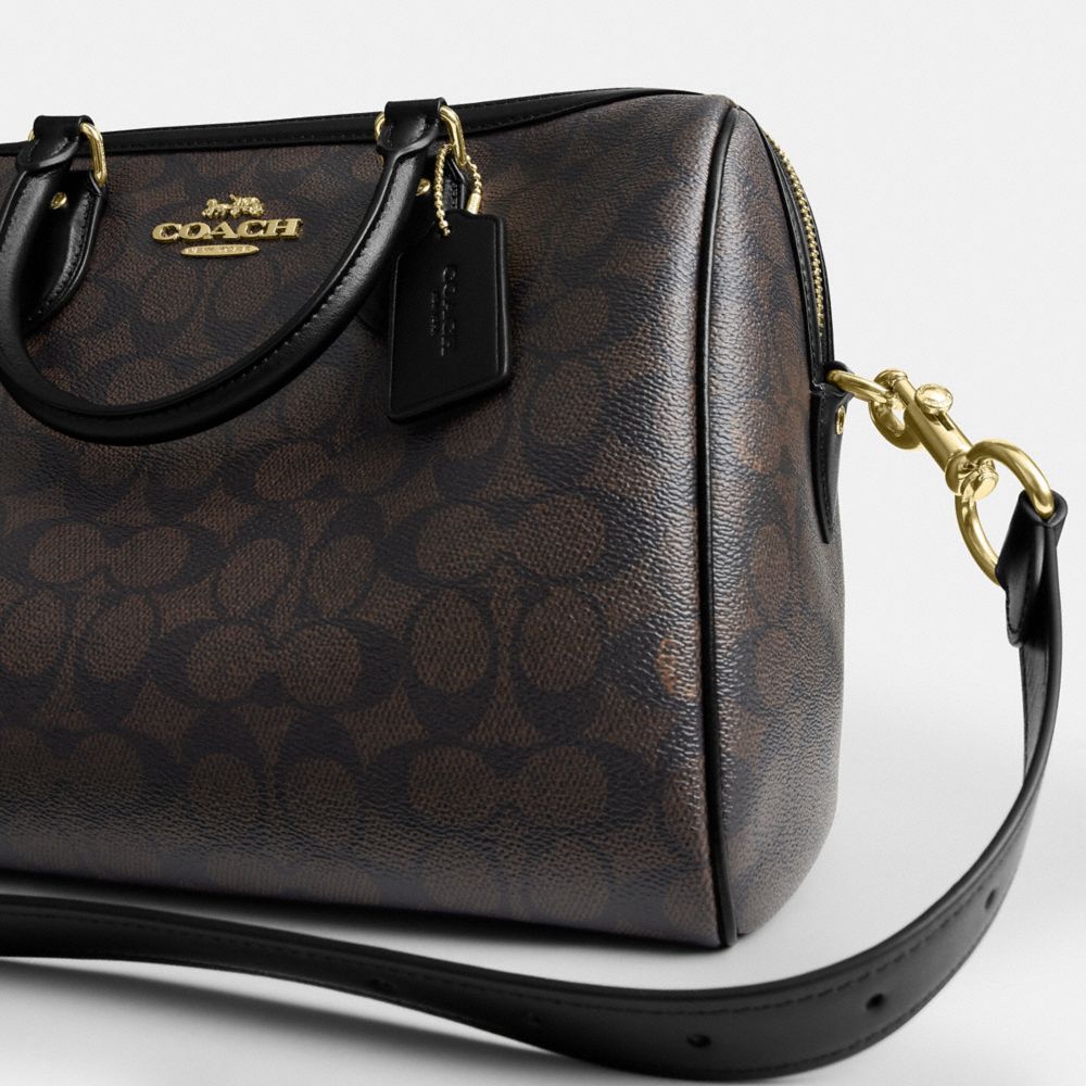 Coach Rowan Large Satchel Bag In Signature Canvas Gold Walnut Black