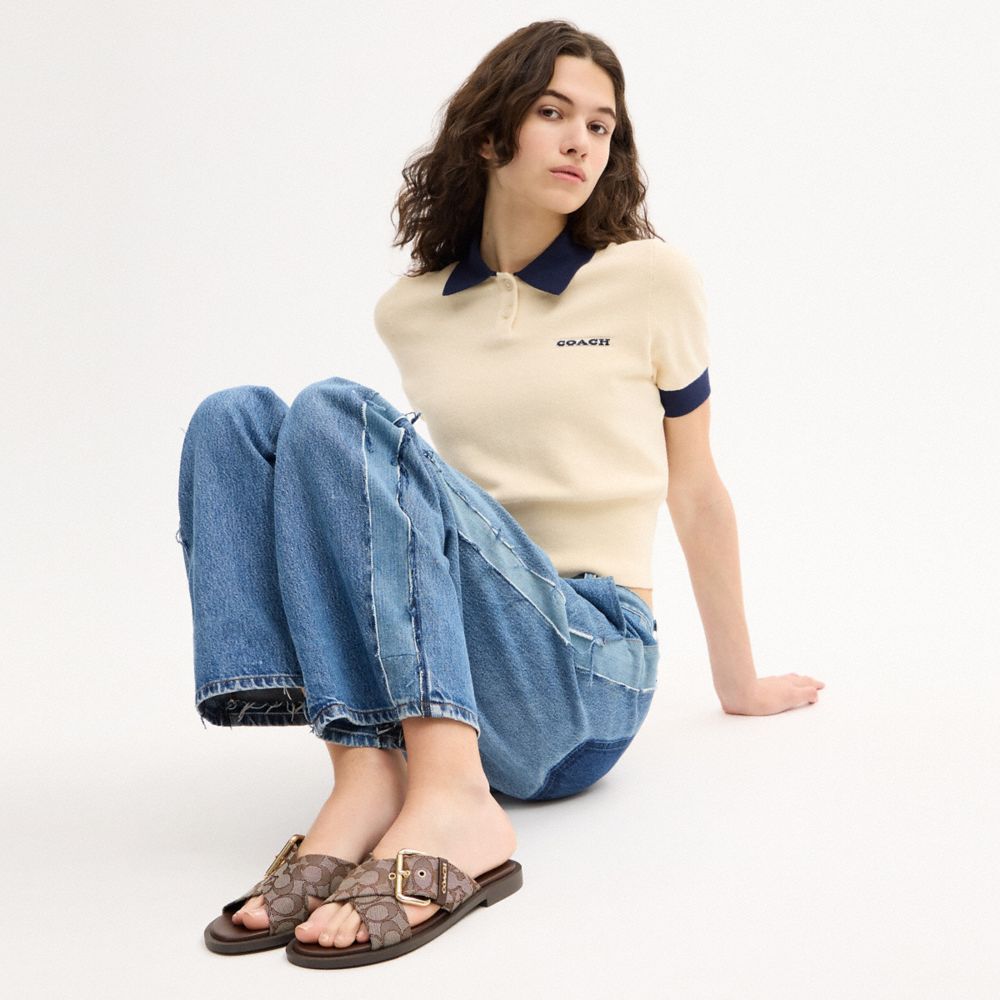 Women's Coach Crisscross Buckle Sandal In Signature Jacquard Oak Maple
