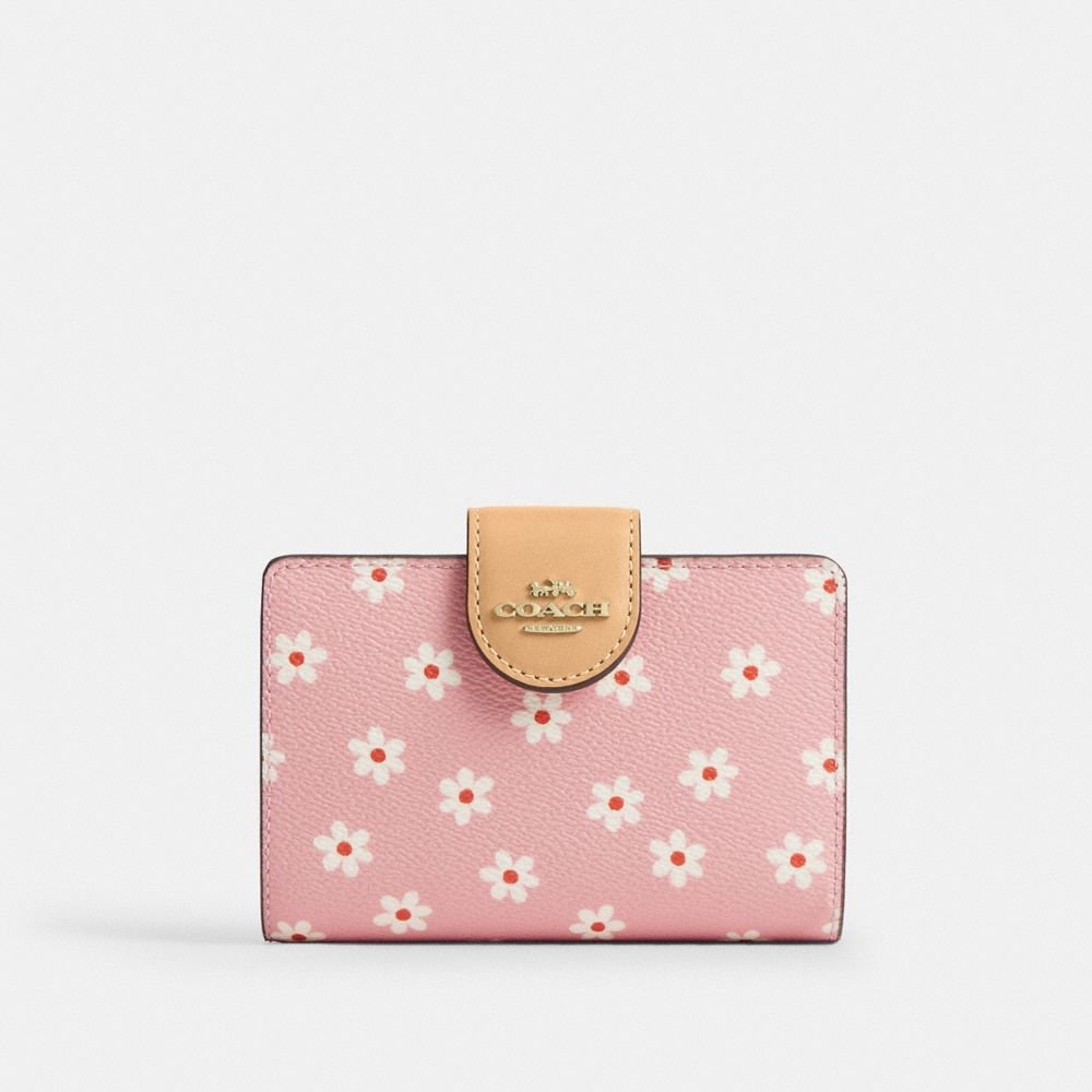 Coach Medium Corner Zip Wallet With Floral Print Gold/Pink Multi