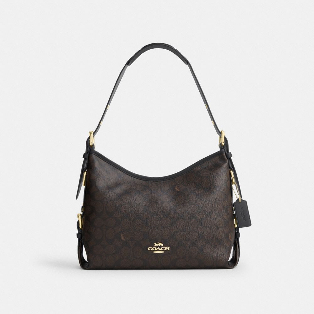 Coach Laurel Shoulder Bag With Buckles In Signature Canvas Gold/Walnut/Black