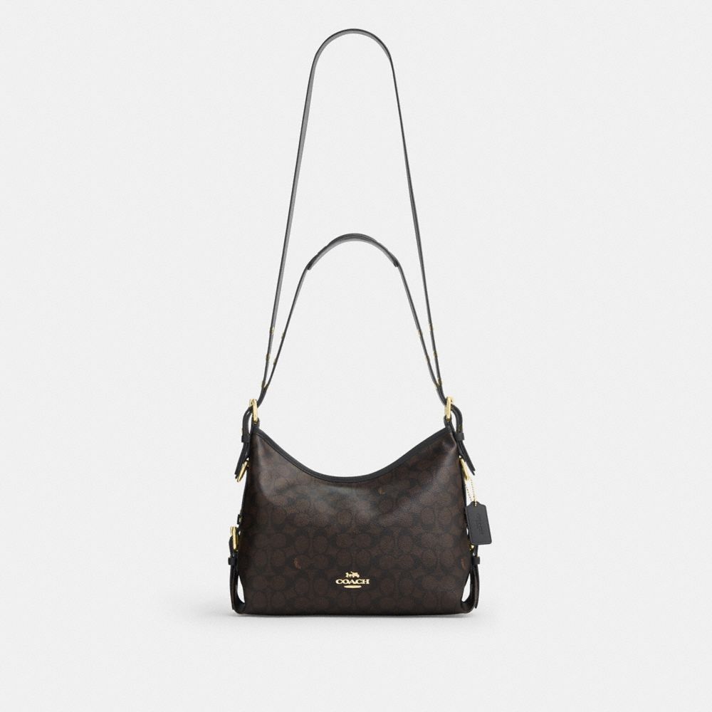Coach Laurel Shoulder Bag With Buckles In Signature Canvas Gold/Walnut/Black