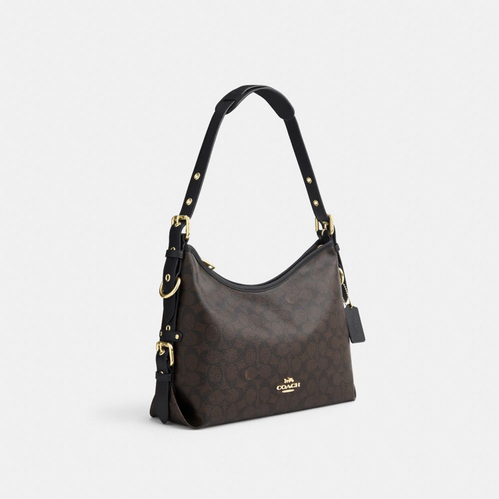 Coach Laurel Shoulder Bag With Buckles In Signature Canvas Gold/Walnut/Black