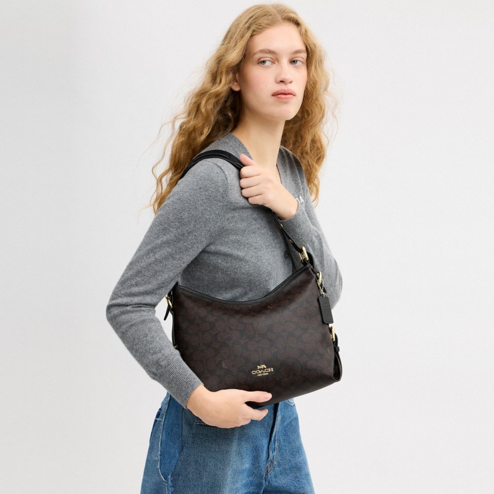 Coach Laurel Shoulder Bag With Buckles In Signature Canvas Gold/Walnut/Black