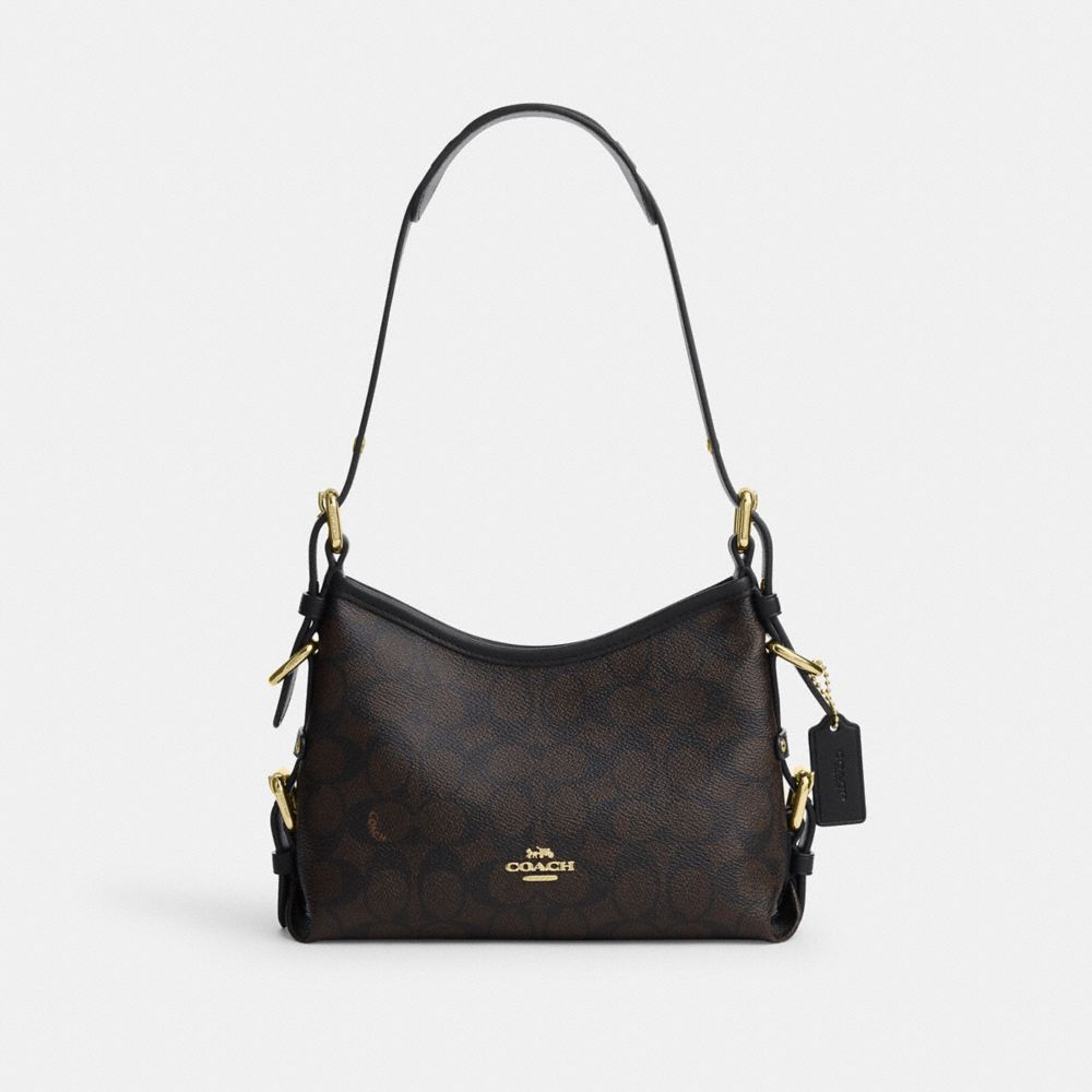 Coach Laurel Shoulder Bag 22 With Buckles In Signature Canvas Gold/Walnut/Black