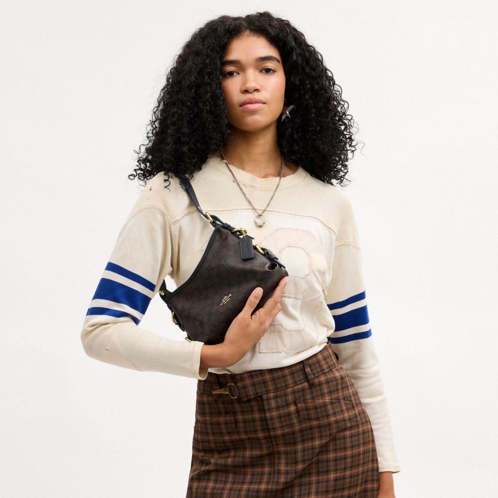 Coach Laurel Shoulder Bag 22 With Buckles In Signature Canvas Gold/Walnut/Black