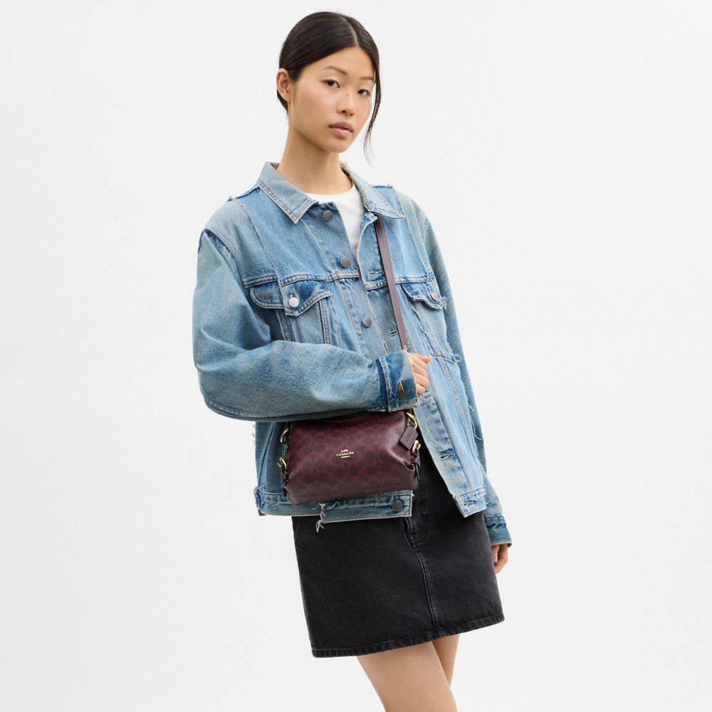 Coach Laurel Shoulder Bag 22 With Buckles In Signature Canvas Gold/Black Currant