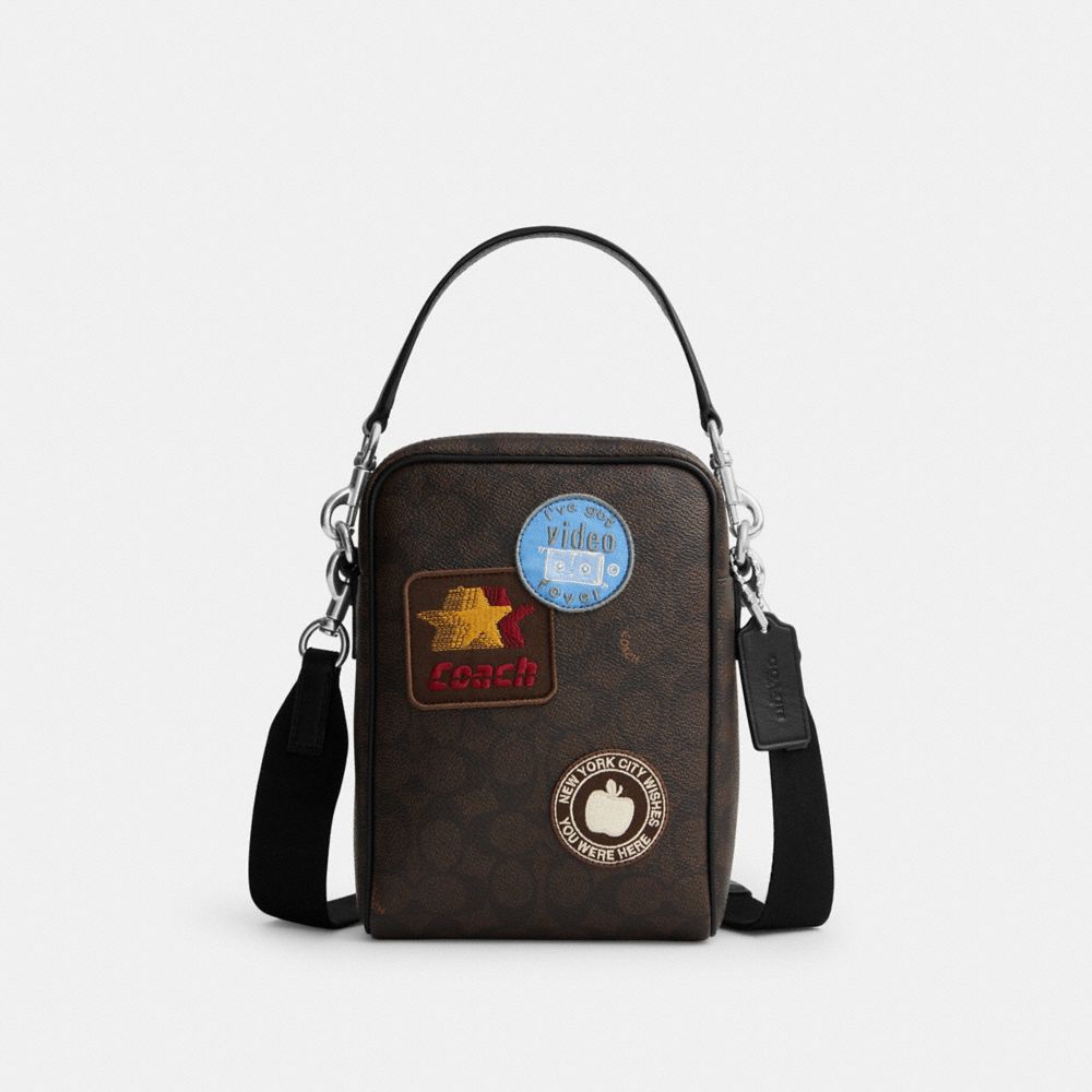 Coach Tristan Crossbody Bag 14 In Signature Canvas With Patches Sv/Walnut/Black