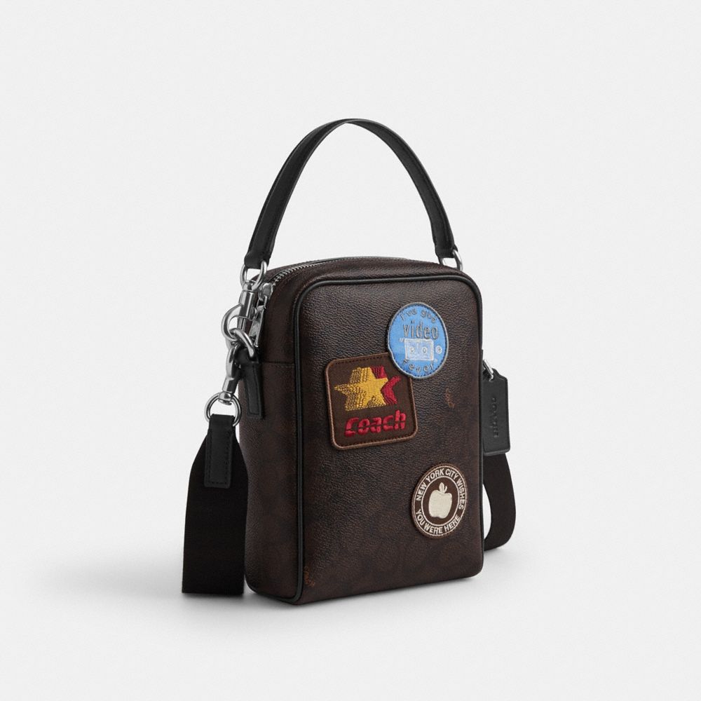Coach Tristan Crossbody Bag 14 In Signature Canvas With Patches Sv/Walnut/Black