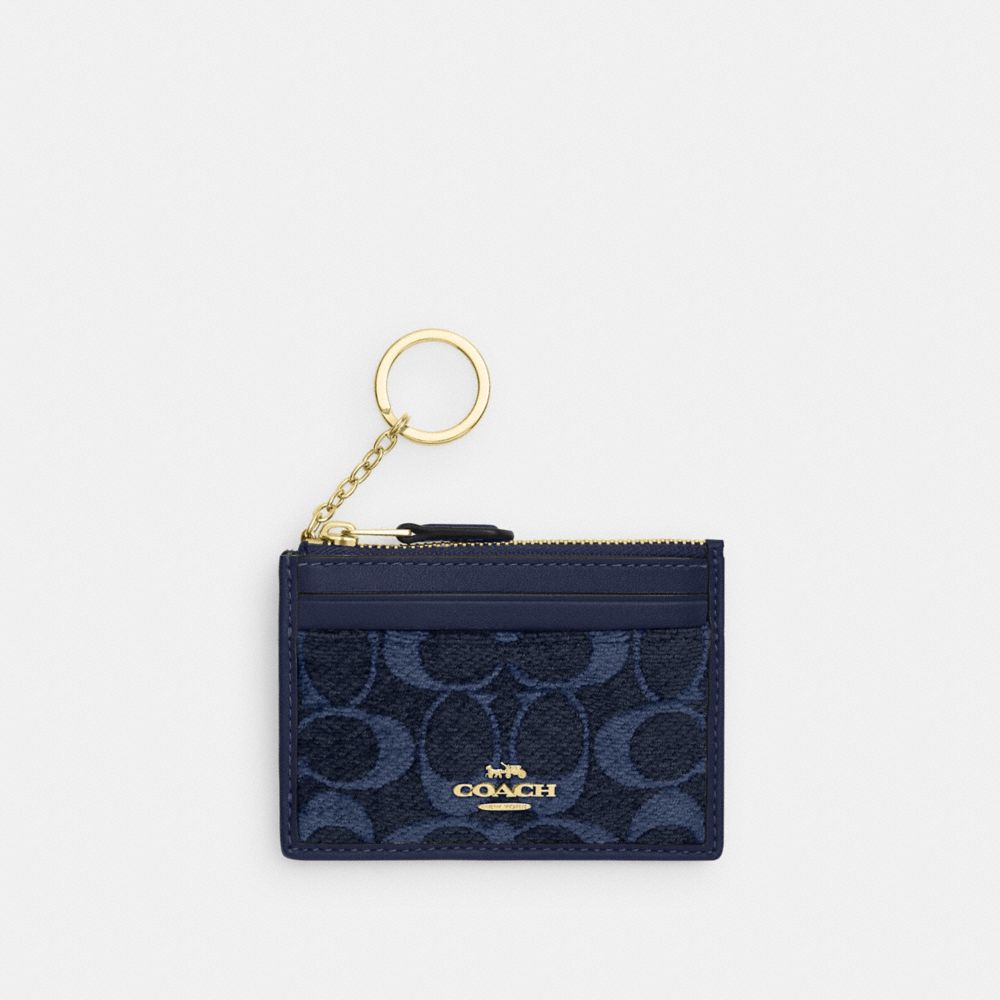 Coach Mini Skinny ID Case In Signature Chenille Gold/Navy