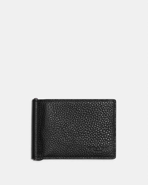 Coach Slim Money Clip Billfold Wallet Pebbled Leather-Gunmetal-Black Pebbled Leather-Gunmetal-Black
