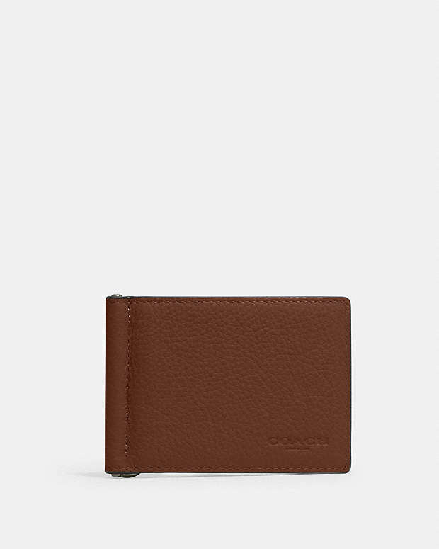 Coach Slim Money Clip Billfold Wallet Pebbled Leather-Gunmetal-Saddle  Pebbled Leather-Gunmetal-Saddle