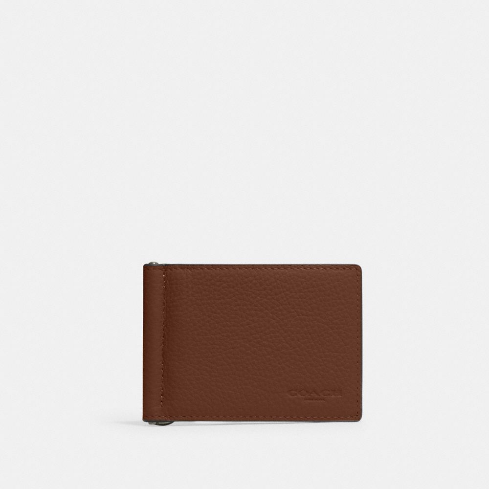 Coach Slim Money Clip Billfold Wallet Gunmetal/Saddle