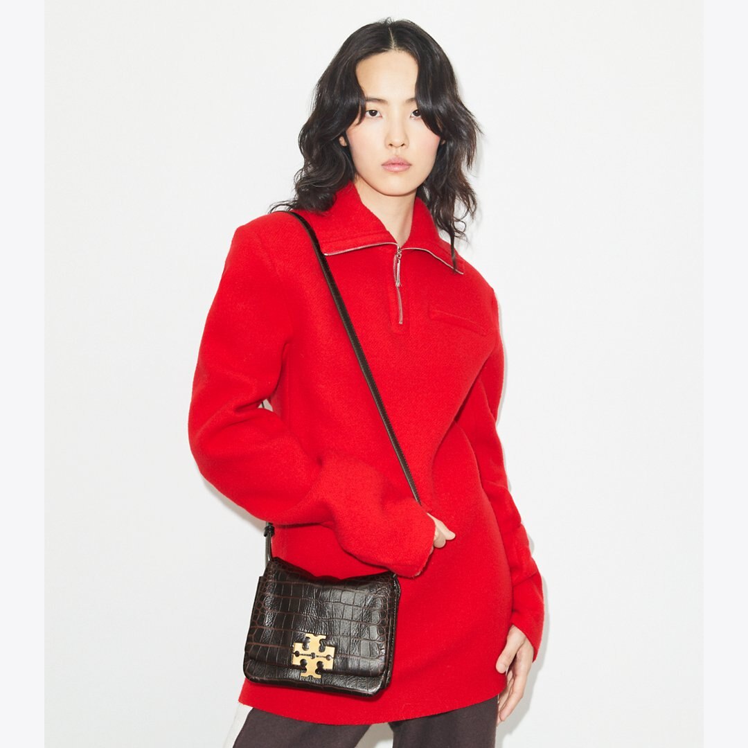 Tory Burch Charlie Croc-Embossed Shoulder Bag Dark Brown