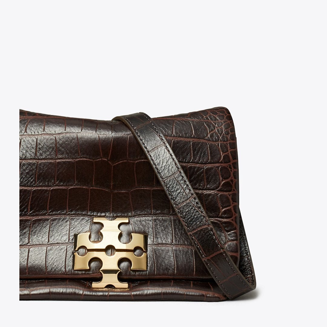 Tory Burch Charlie Croc-Embossed Shoulder Bag Dark Brown