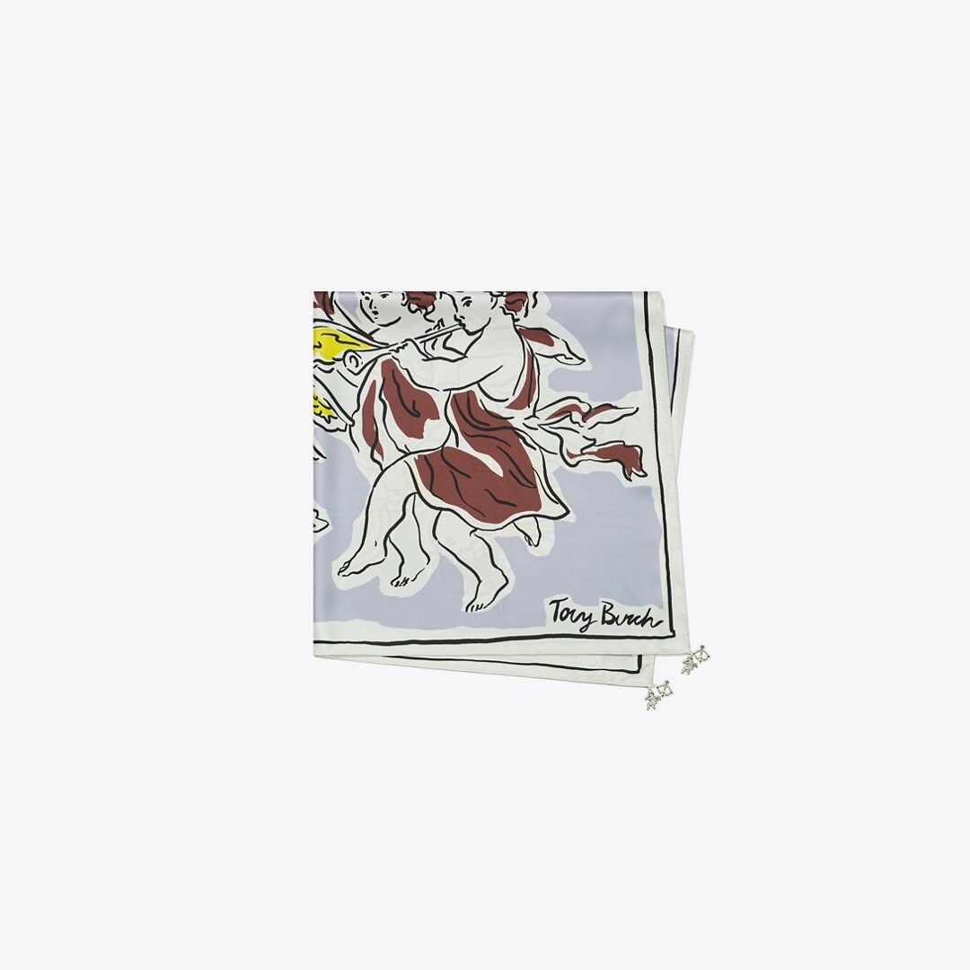Tory Burch Cherubs Silk Square Scarf Gray Cherubs