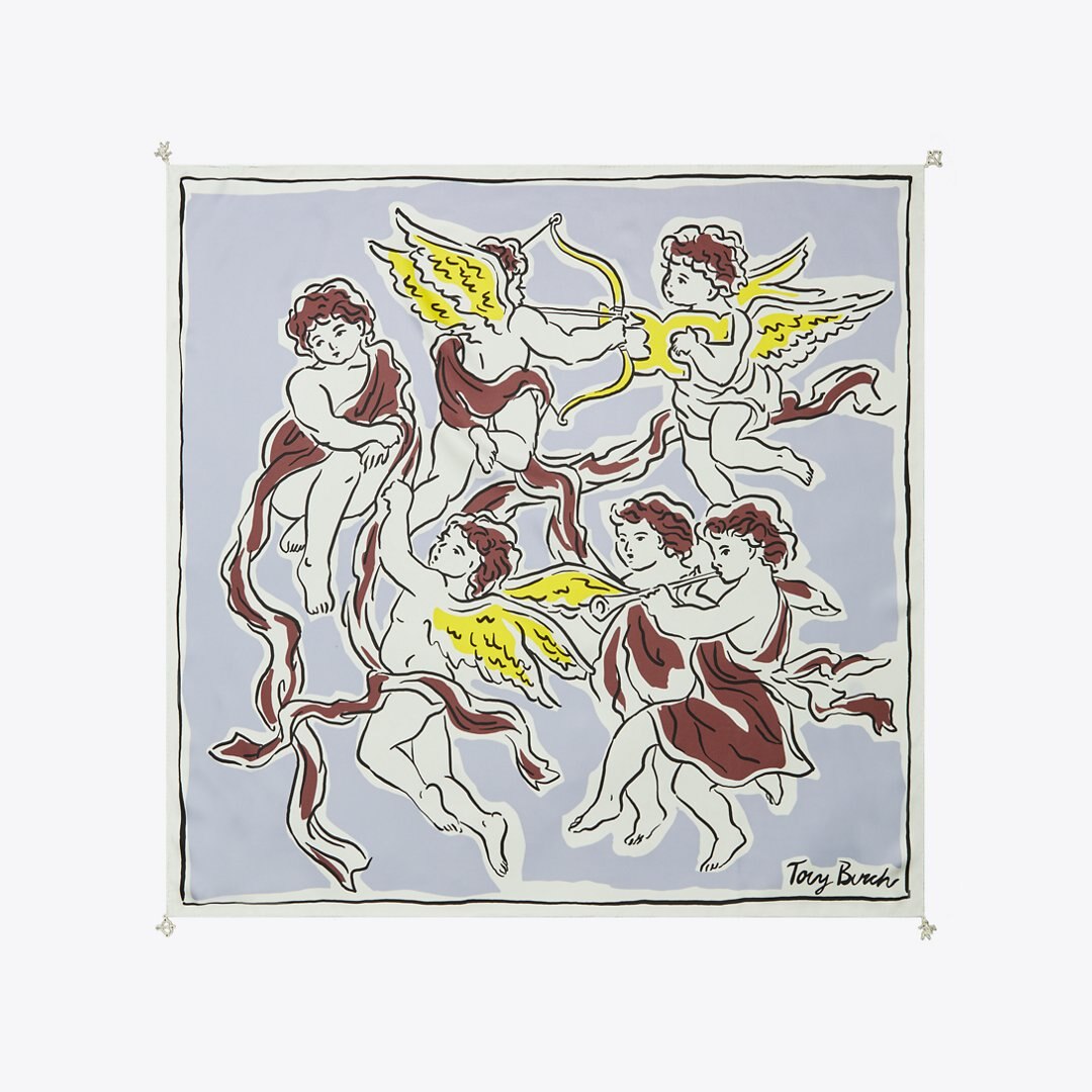 Tory Burch Cherubs Silk Square Scarf Gray Cherubs