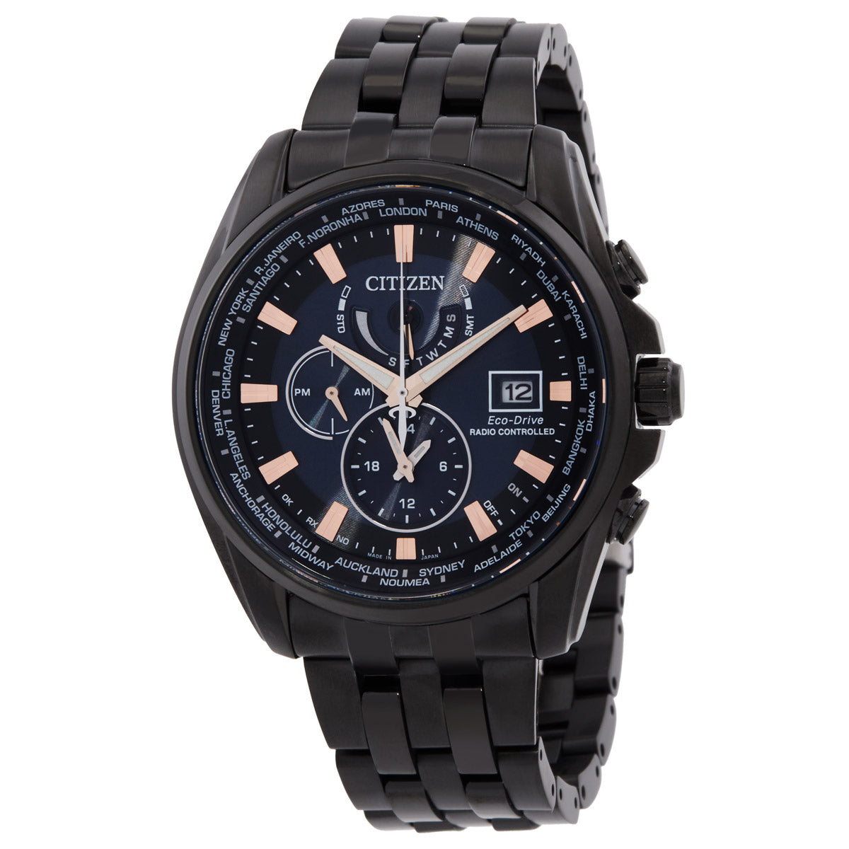 Citizen Eco-Drive Perpetual Alarm World Time Gmt Black Dial Mens Watch