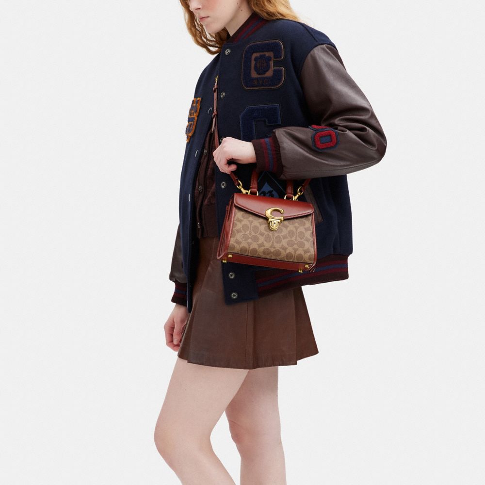 Coach Sammy Top Handle Bag 21 In Signature Canvas Brass Tan Rust