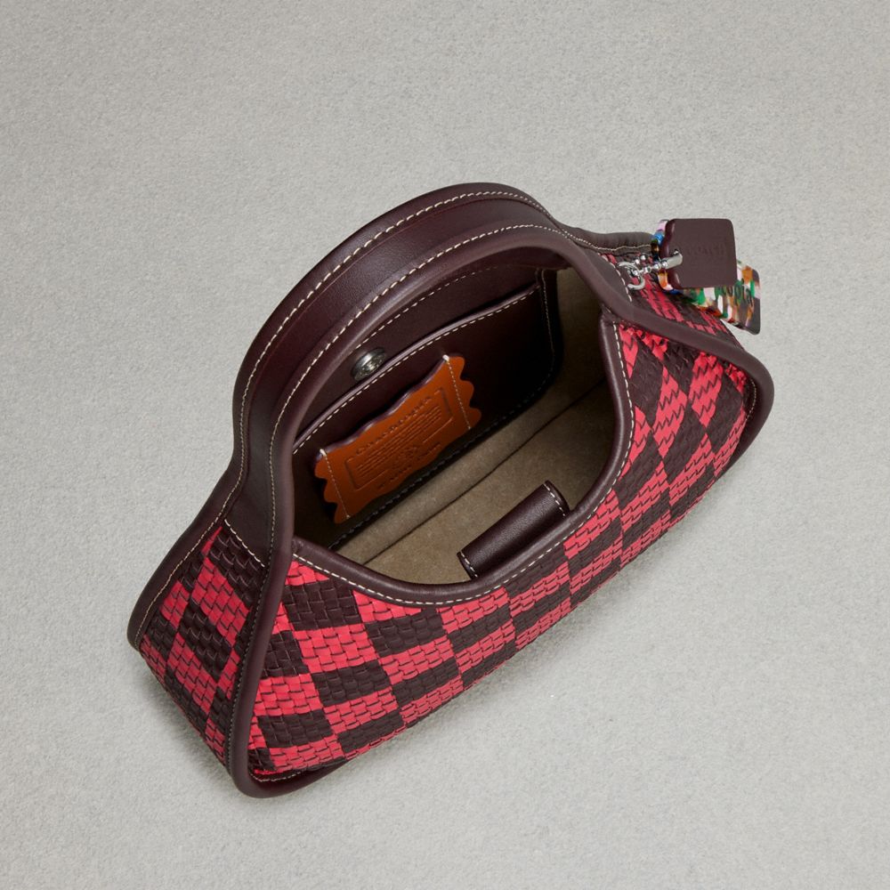 Coach Ergo Bag With Woven Checkerboard In Repurposed Leather Oxblood Strawberry Haze