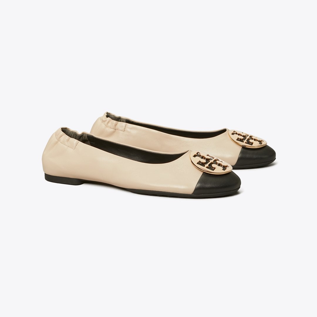 Tory Burch Claire Cap-Toe Ballet BLACK / NEW CREAM