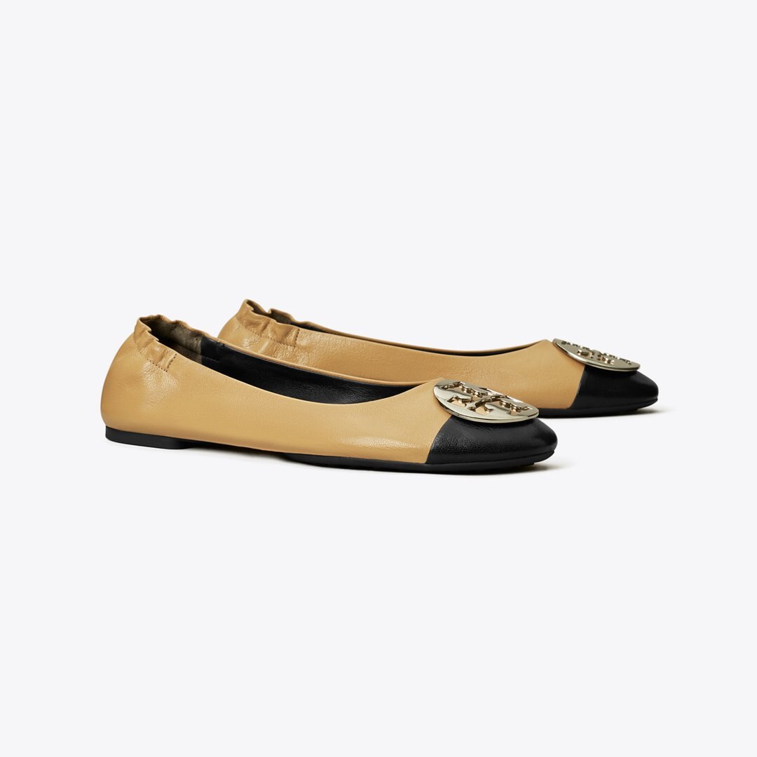 Tory Burch Claire Cap-Toe Ballet GINGER SHORTBREAD / PERFECT BLACK