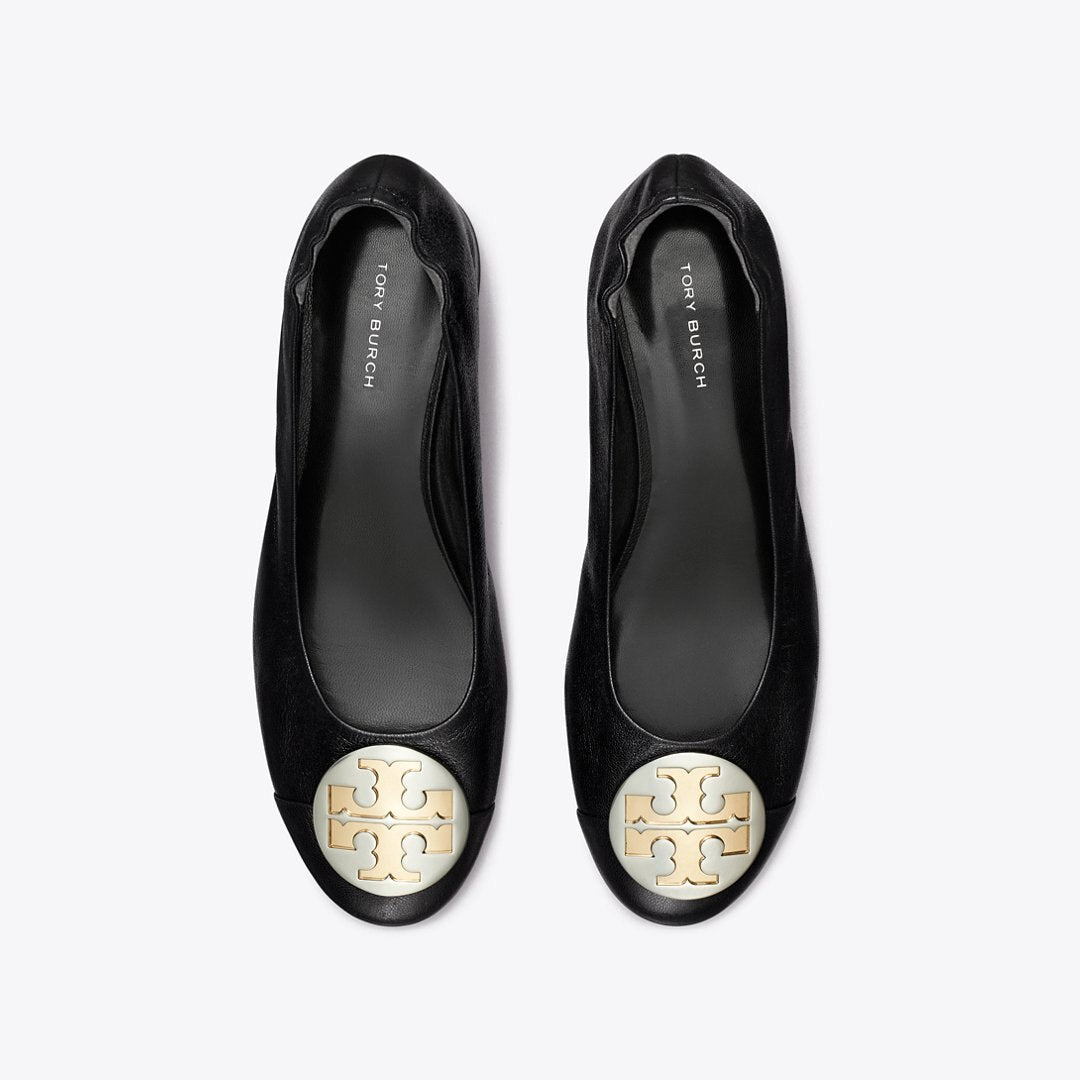 Tory Burch Claire Cap-Toe Heel Ballet PERFECT BLACK / GOLD / SILVER