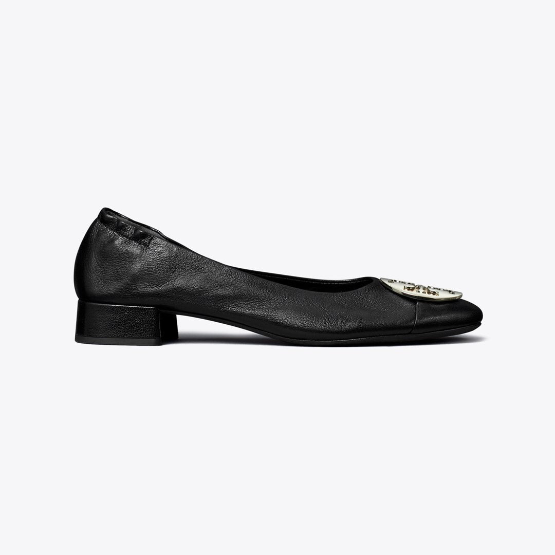 Tory Burch Claire Cap-Toe Heel Ballet PERFECT BLACK / GOLD / SILVER