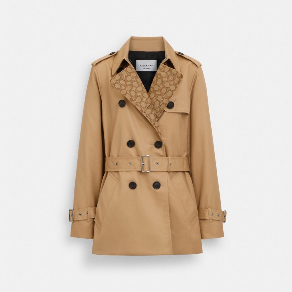Coach Signature Lapel Short Trench Classic Khaki