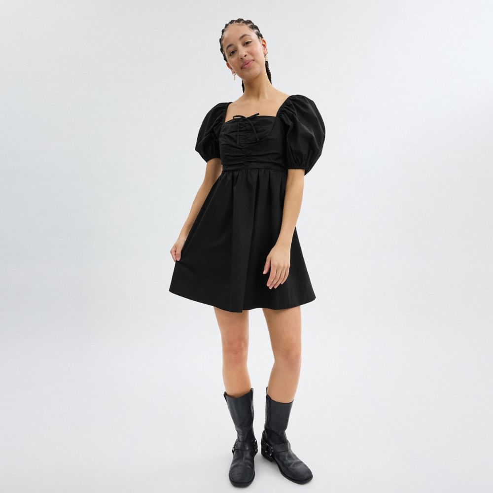 Coach Short Dress With Puff Sleeves In Organic Cotton Black