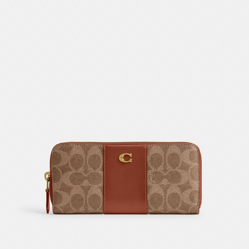 Coach Essential Slim Accordion Zip Wallet In Signature Canvas Brass/Tan Caramel