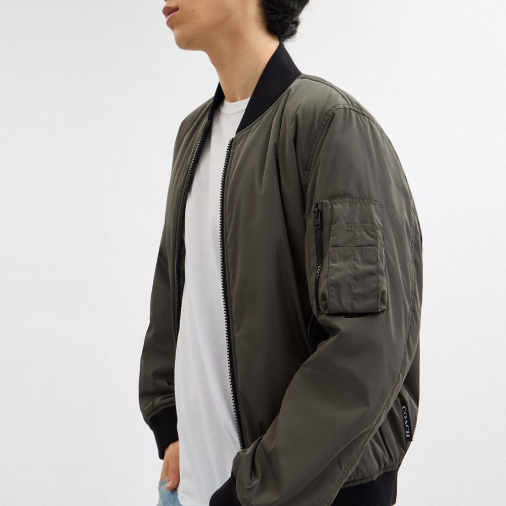 Coach Reversible Bomber Jacket In Recycled Polyester Olive Charcoal Signature