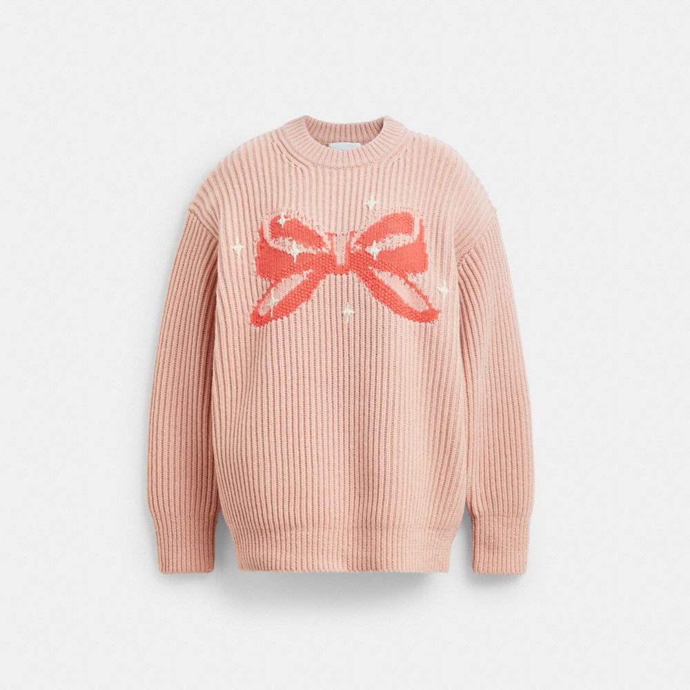 Coach Crewneck Bow Sweater In Recycled Wool Pink