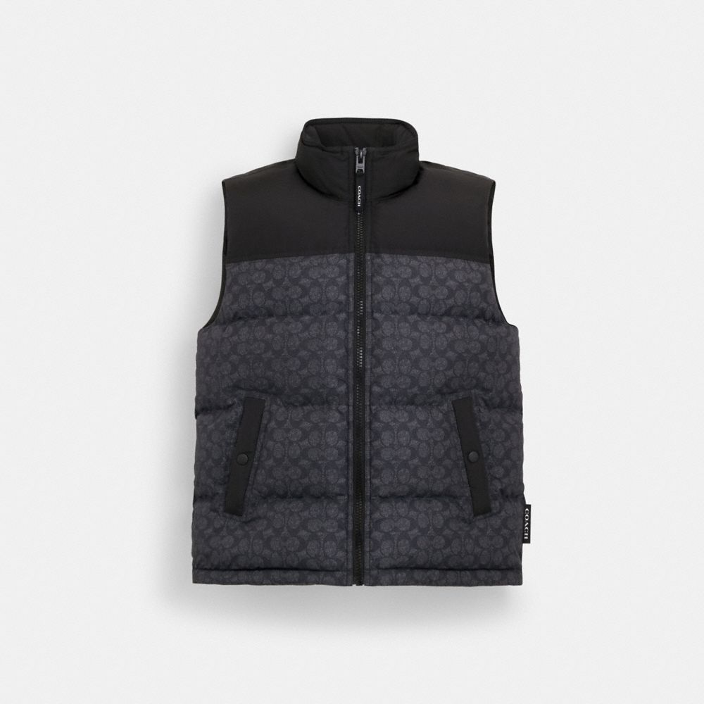 Coach Signature Down Vest In Recycled Polyester Charcoal Signature